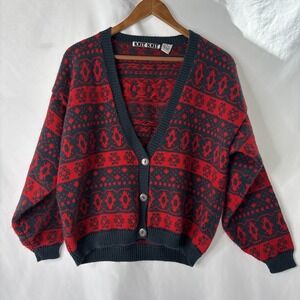 Vtg Knit Knit Womens M Cardigan Button Sweater Red Gray Granny Holiday